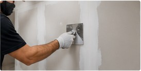 Profissional realizando acabamento em parede de drywall