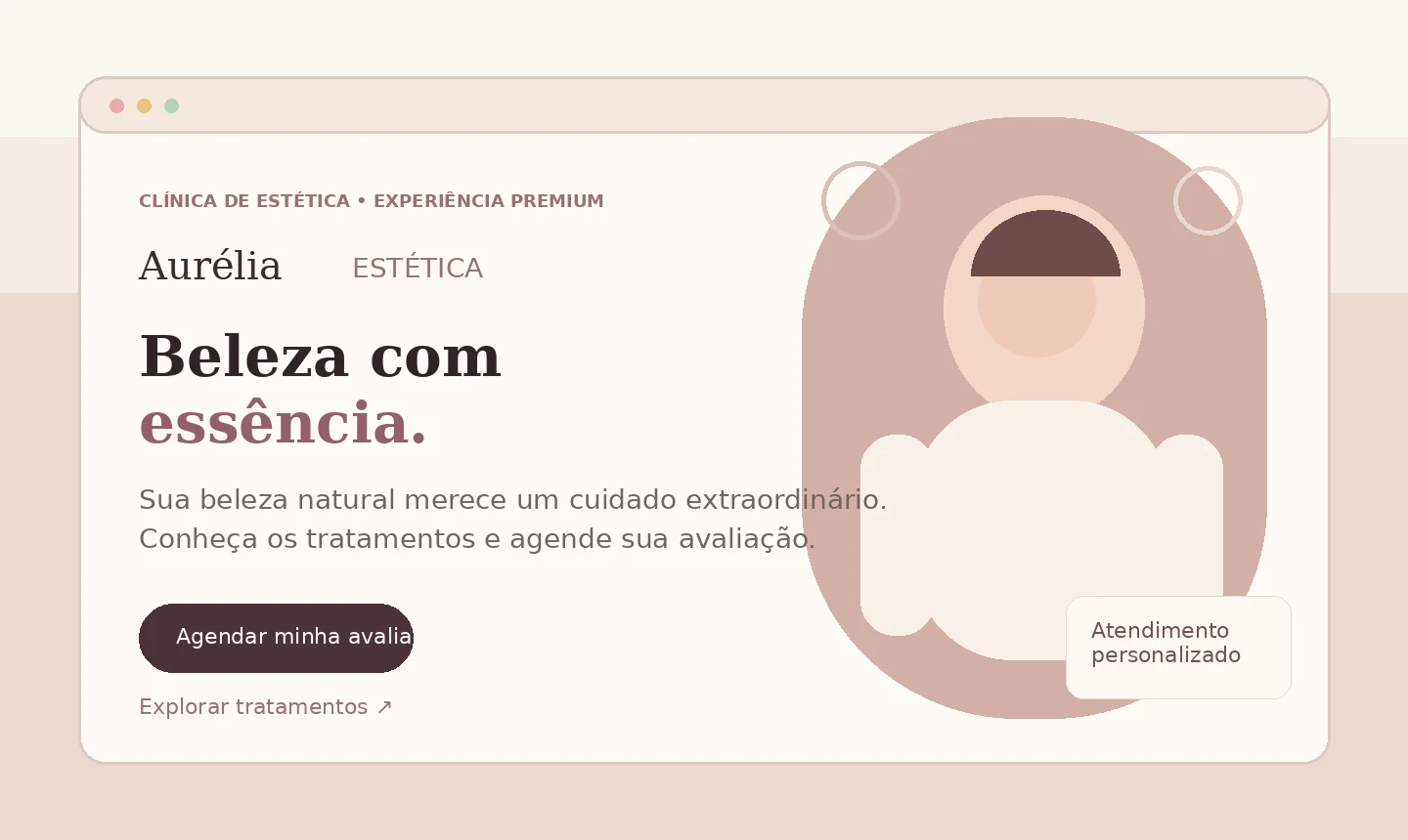 Prévia da Aurélia Estética: landing page sofisticada em tons rosé e creme, com foco em tratamentos e agendamento