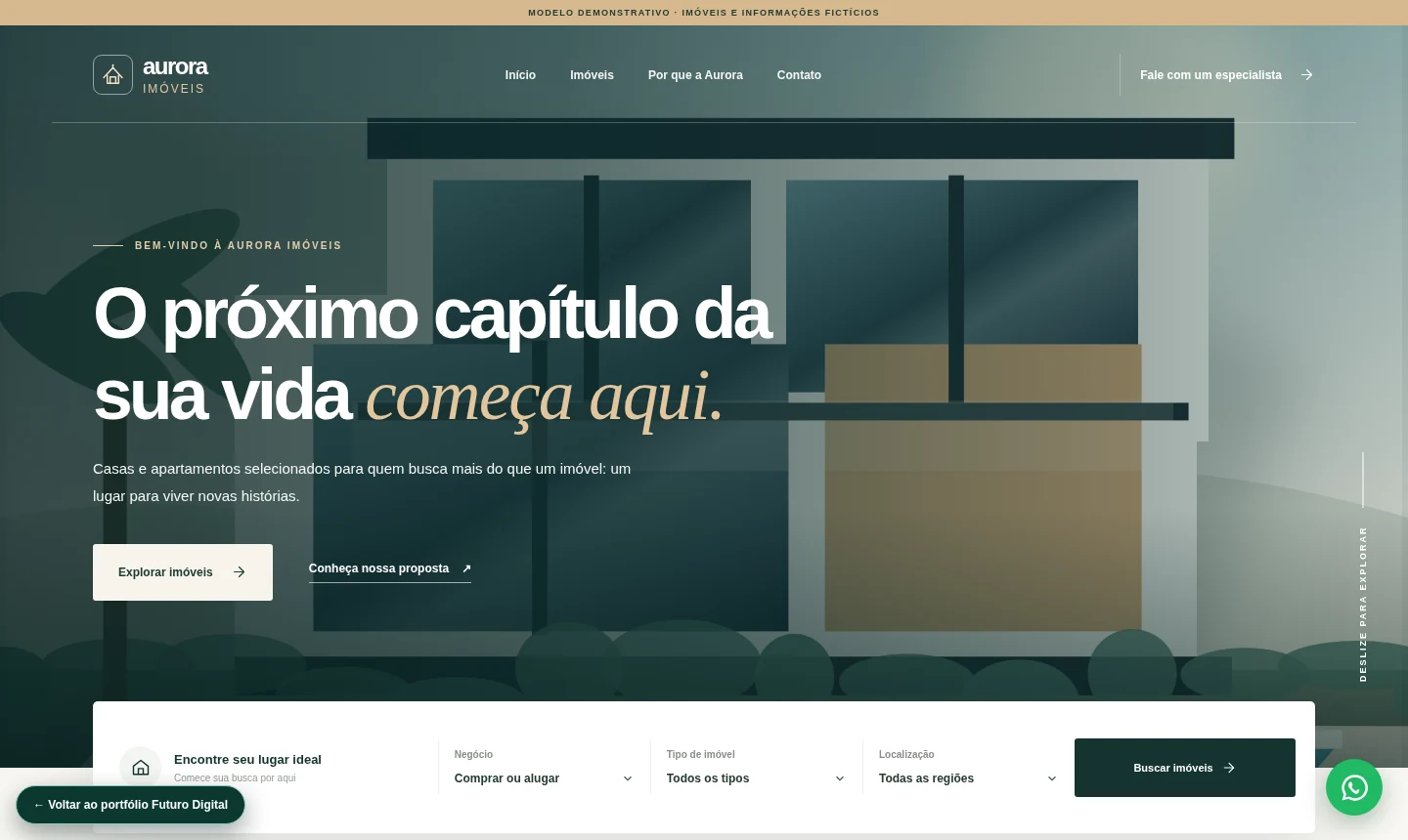 Prévia da landing page Aurora Imóveis em verde e branco, com destaque de residência e busca de imóveis