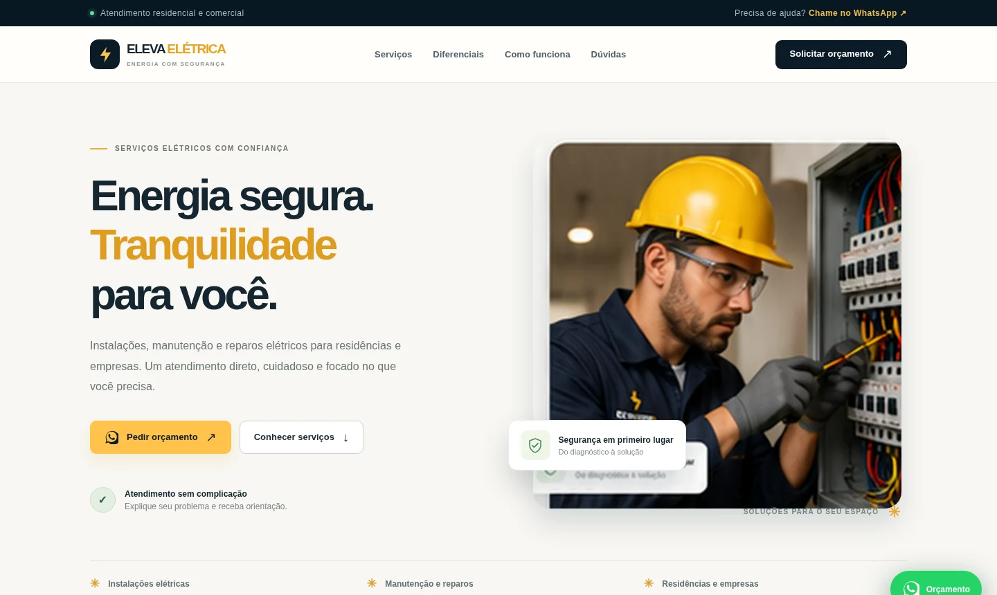 Prévia da nova Eleva Elétrica: landing page profissional com foto de eletricista trabalhando em quadro elétrico, serviços e orçamento via WhatsApp