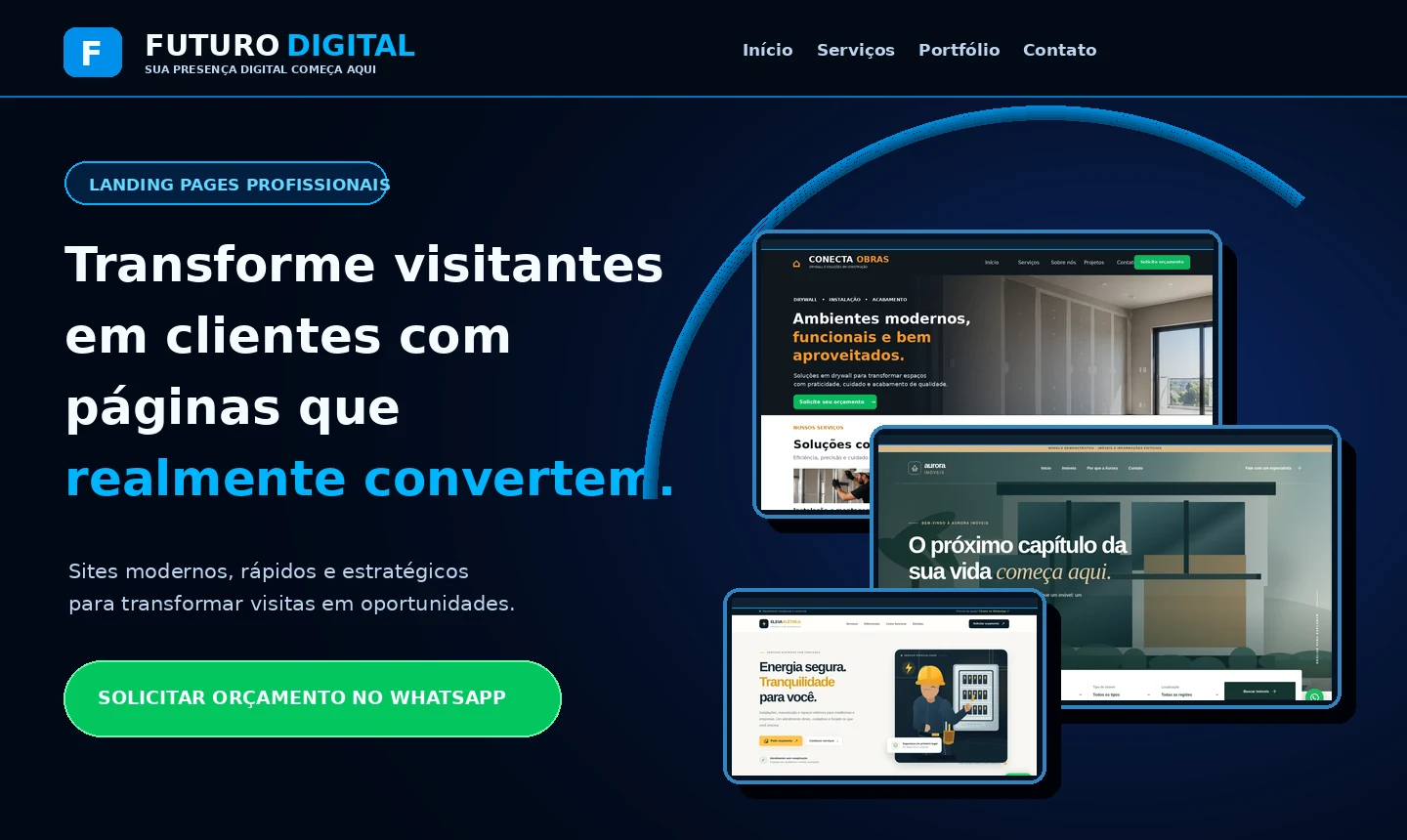 Landing page da Futuro Digital com visual tecnológico azul, título principal e botão de contato verde esmeralda