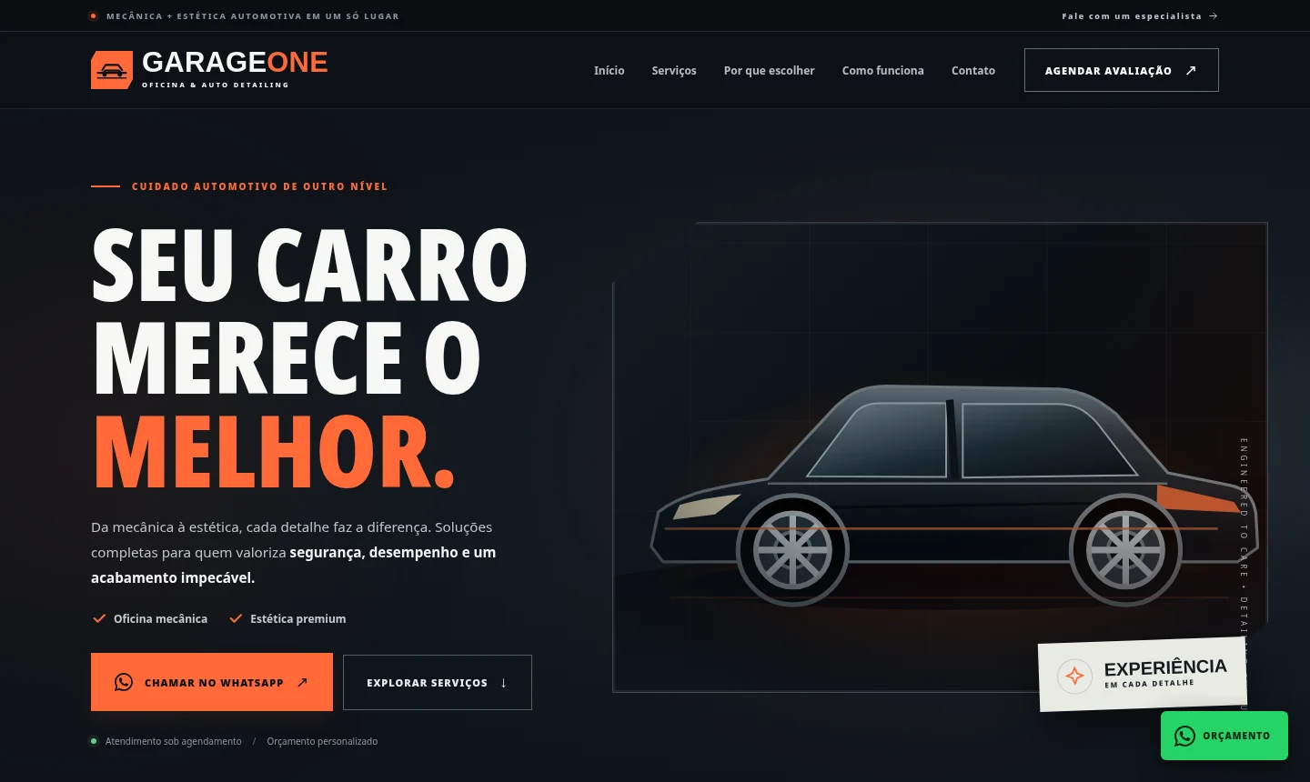 Prévia da Garage One, landing page para oficina e estética automotiva em preto, laranja e com ilustração de carro