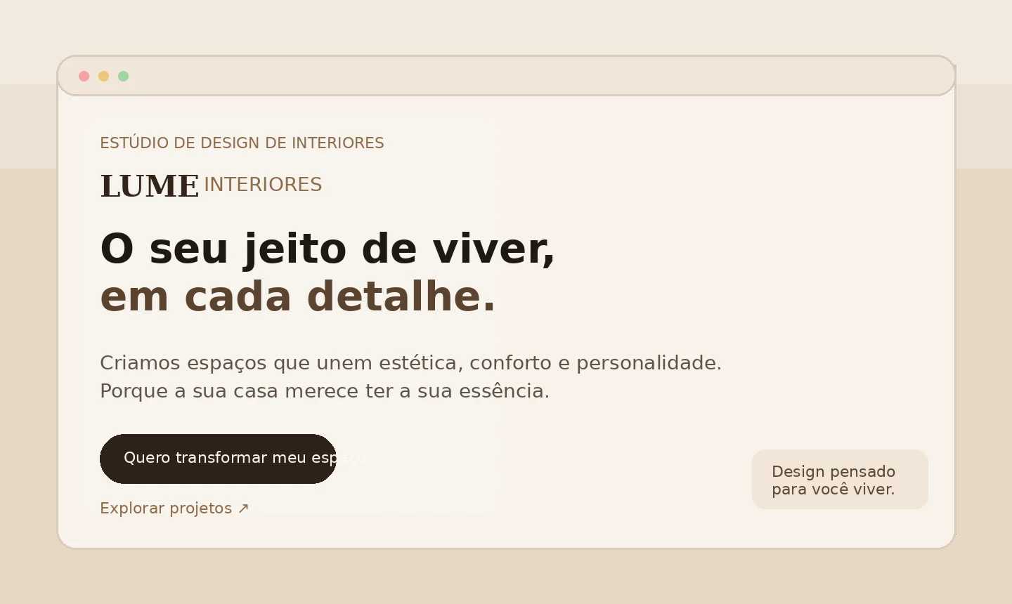 Prévia da Lume Interiores: landing page elegante em tons claros para design de interiores, com ambiente sofisticado e chamada principal