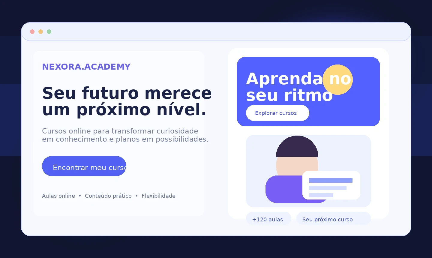 Prévia da Nexora Academy: landing page moderna para cursos online com capa em azul e roxo