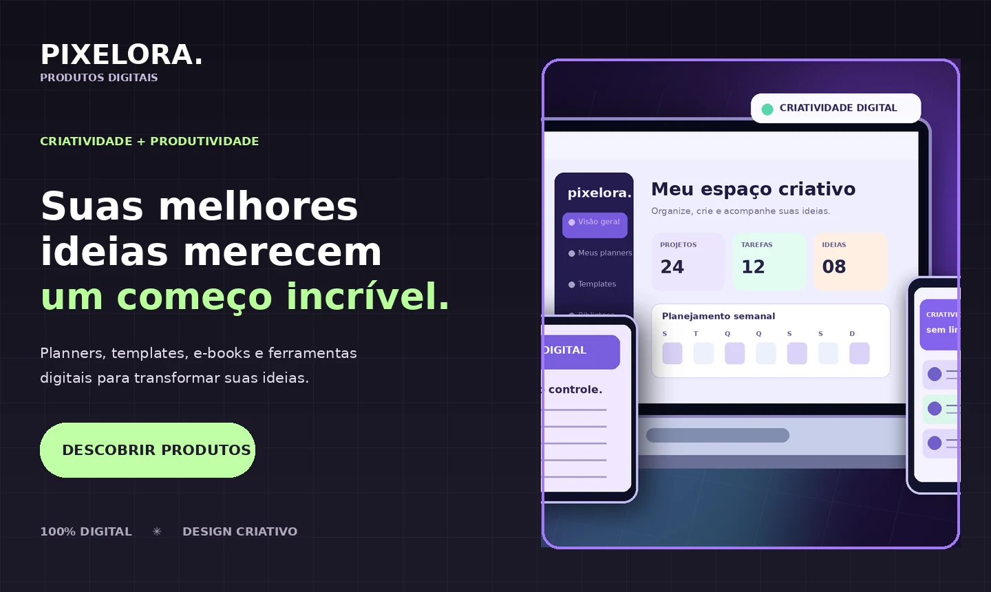 Landing page Pixelora em preto e roxo com capa profissional e produtos digitais