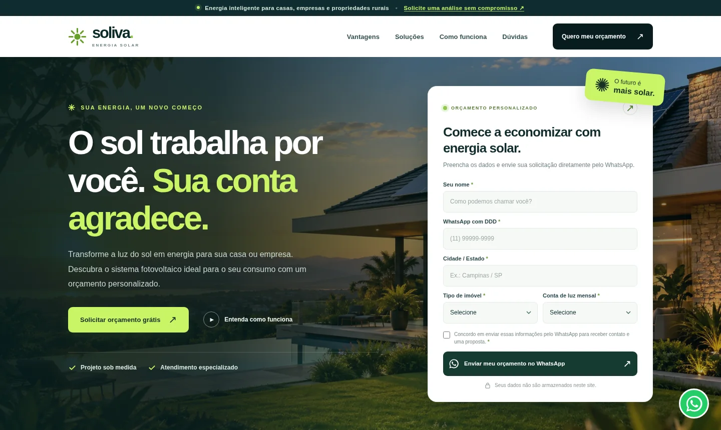 Prévia da nova Soliva Energia Solar com foto de residência moderna e painéis solares ao pôr do sol, chamada de orçamento e visual verde-escuro