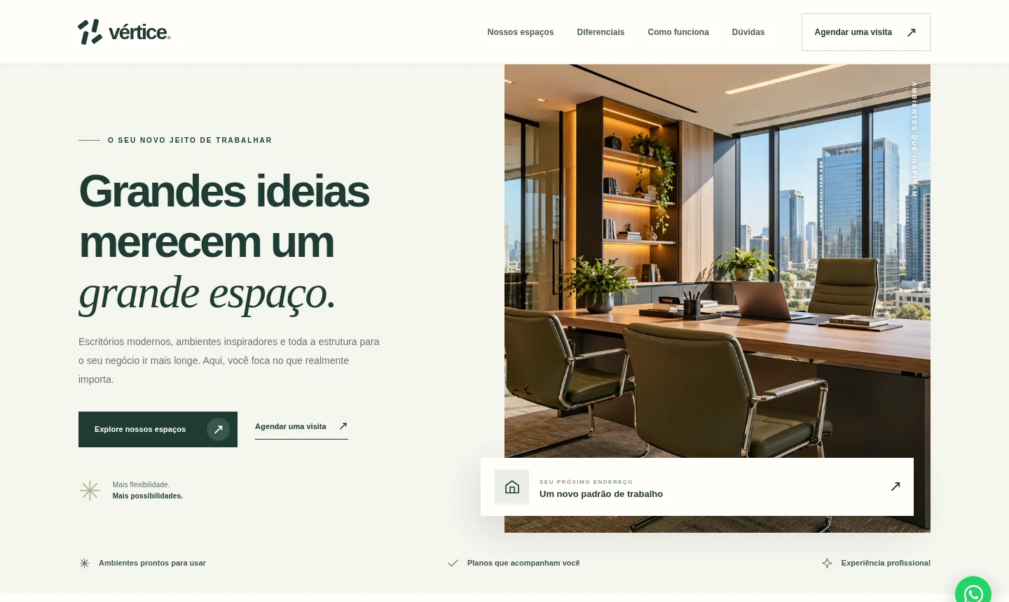 Prévia da Vértice Escritórios com foto real de ambiente corporativo, visual minimalista e chamada sobre espaços de trabalho