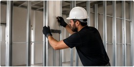 Profissional montando estrutura para drywall