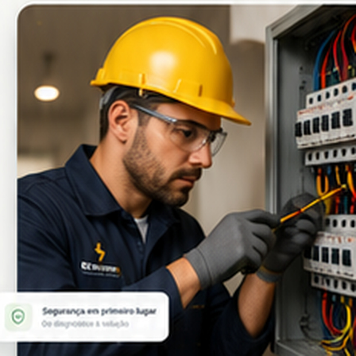 Eletricista profissional utilizando equipamentos de proteção e trabalhando em um quadro elétrico