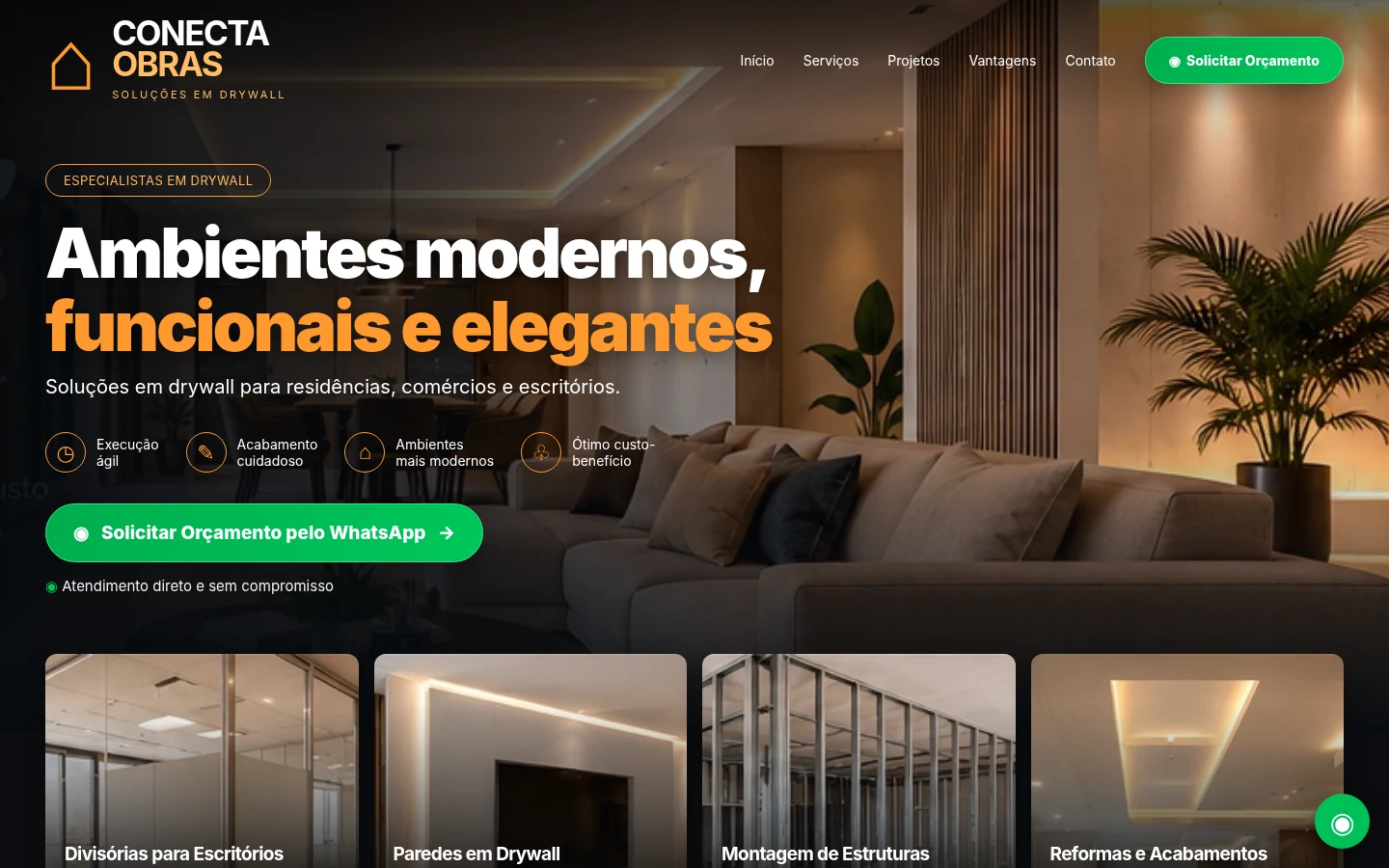 Nova Conecta Obras em preto e laranja, com fotografia de obra, serviços e galeria de quatro projetos de drywall