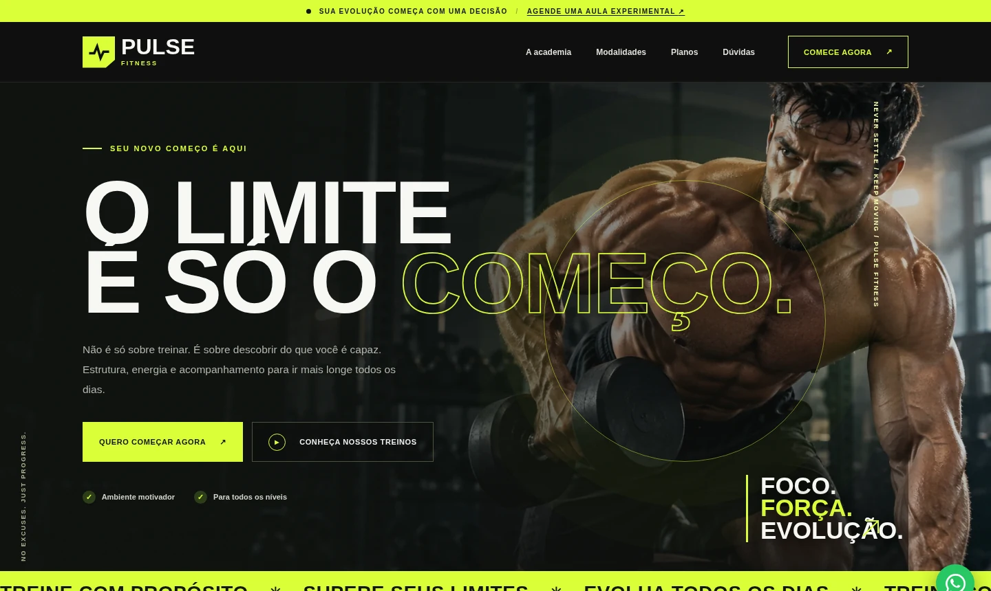 Prévia da Pulse Fitness: landing page de academia com capa fotográfica impactante, visual preto e verde-limão