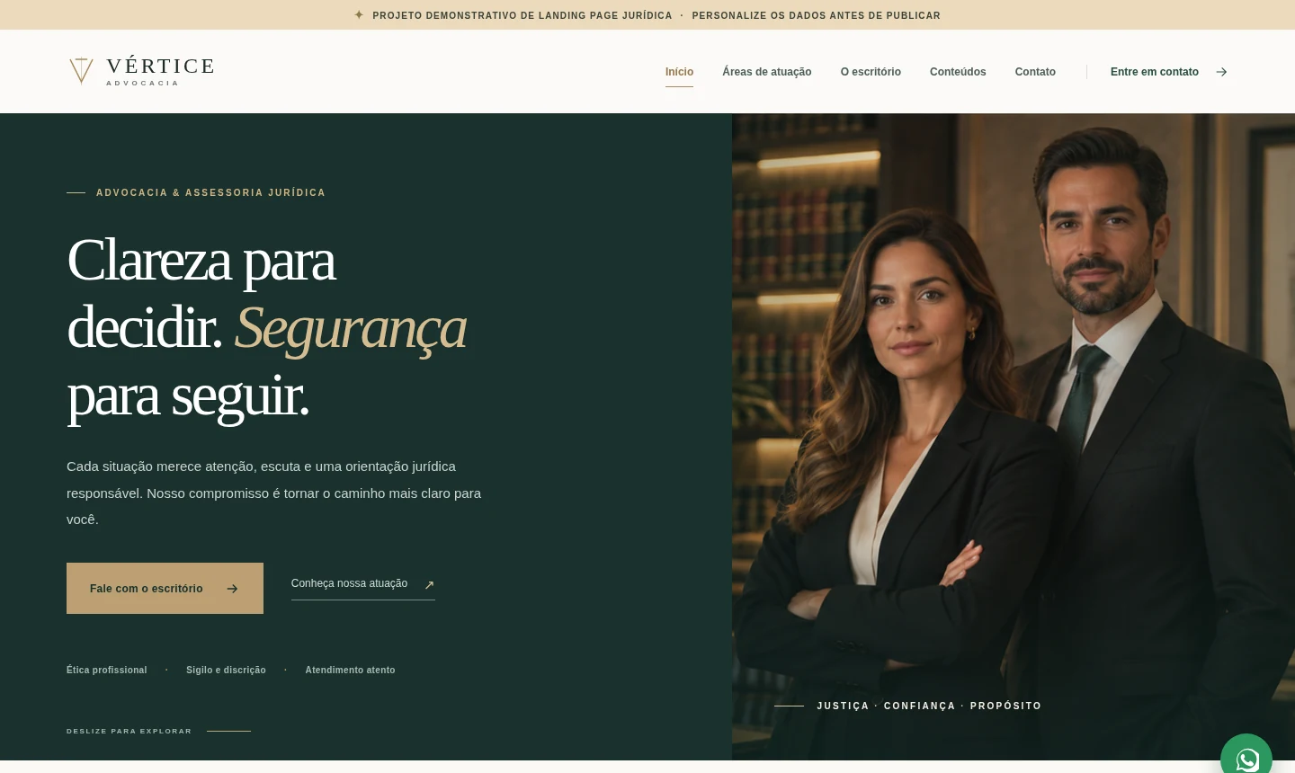 Prévia da landing page Vértice Advocacia com identidade verde-escura e dourada, foto ilustrativa de profissionais de advocacia e chamada sobre clareza jurídica