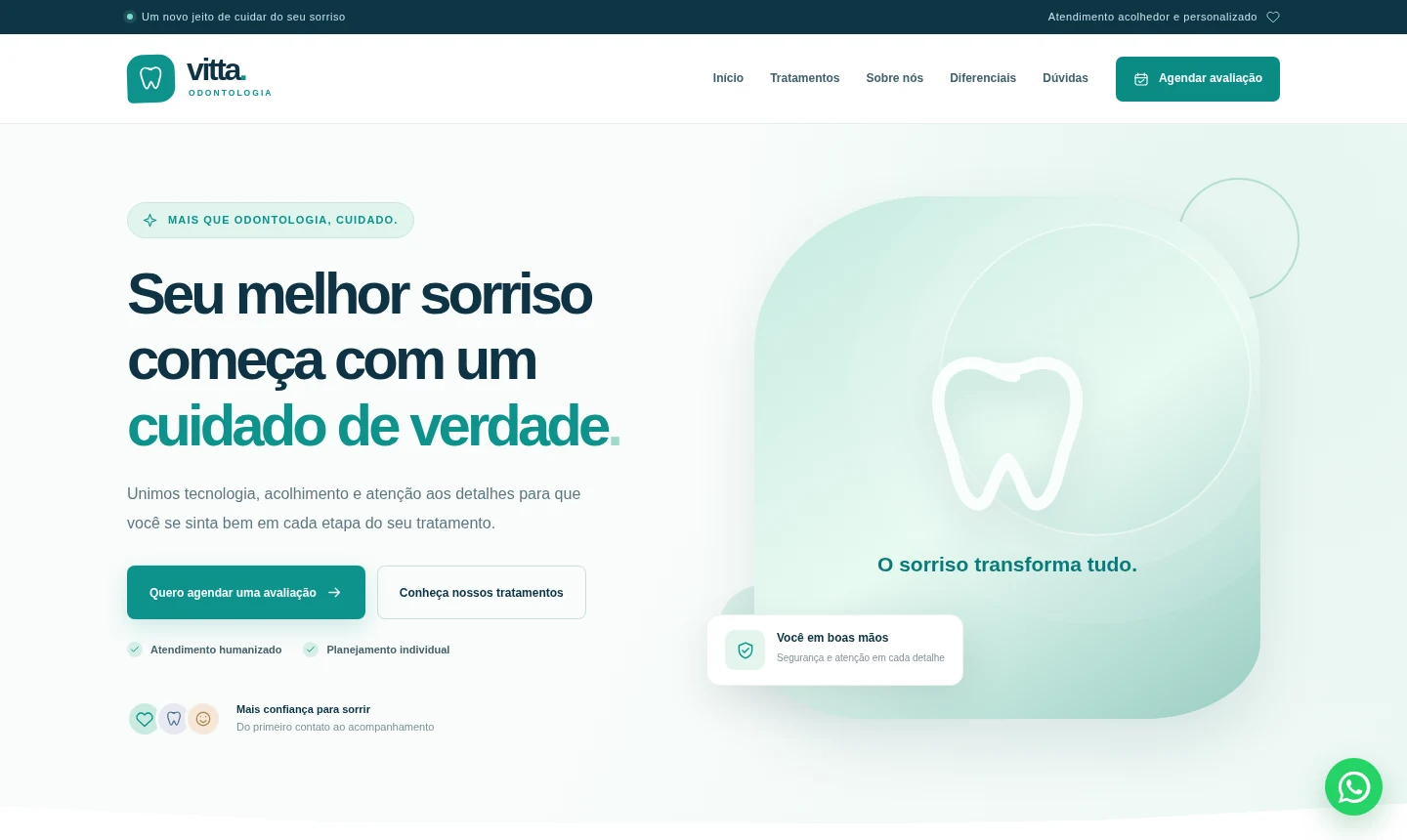 Prévia da Vitta Odonto: landing page para odontologia em tons claros, azul e verde-água, com agendamento e tratamentos